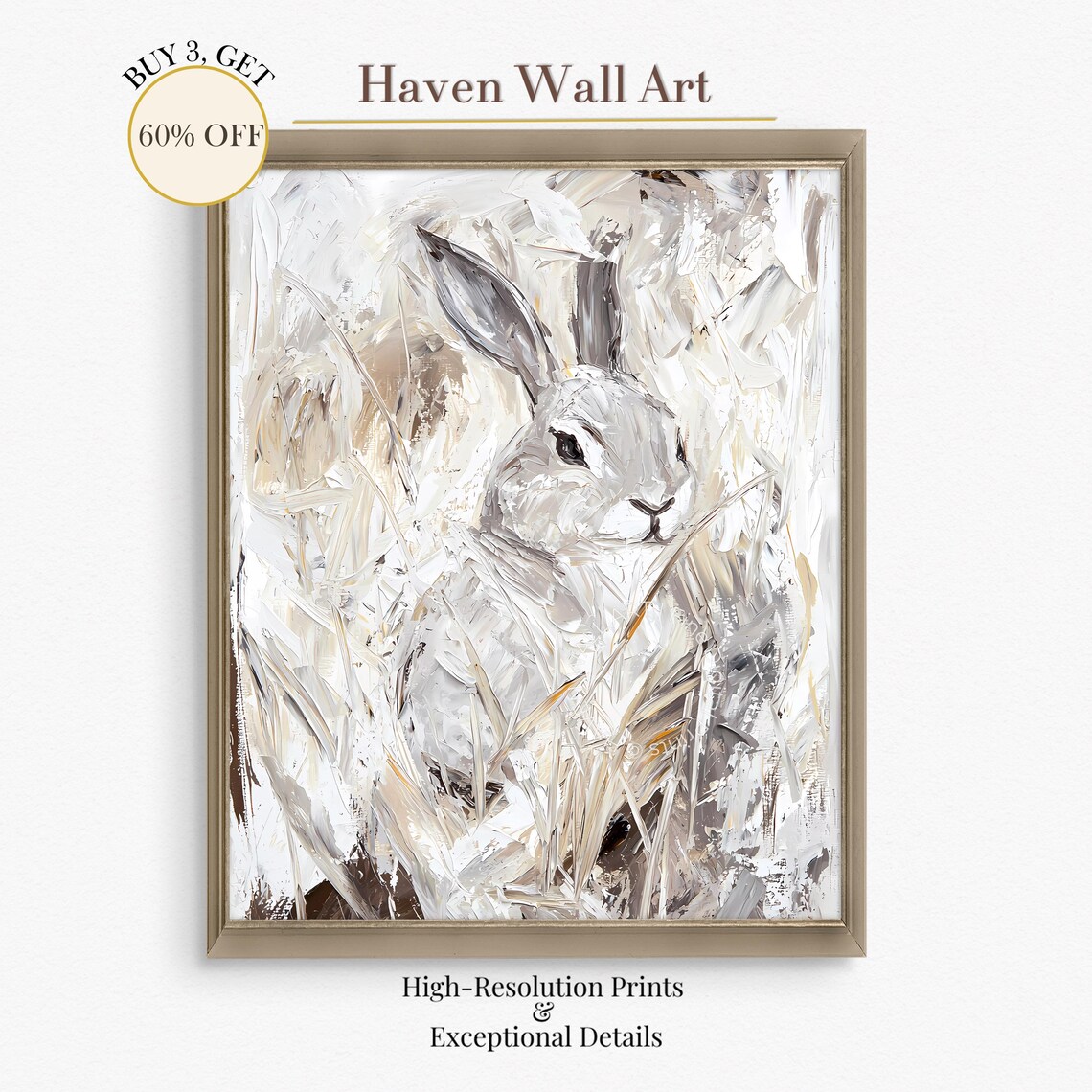 Grey Rabbit Portrait White Grasses Abstract Impasto Animal Painting Poster