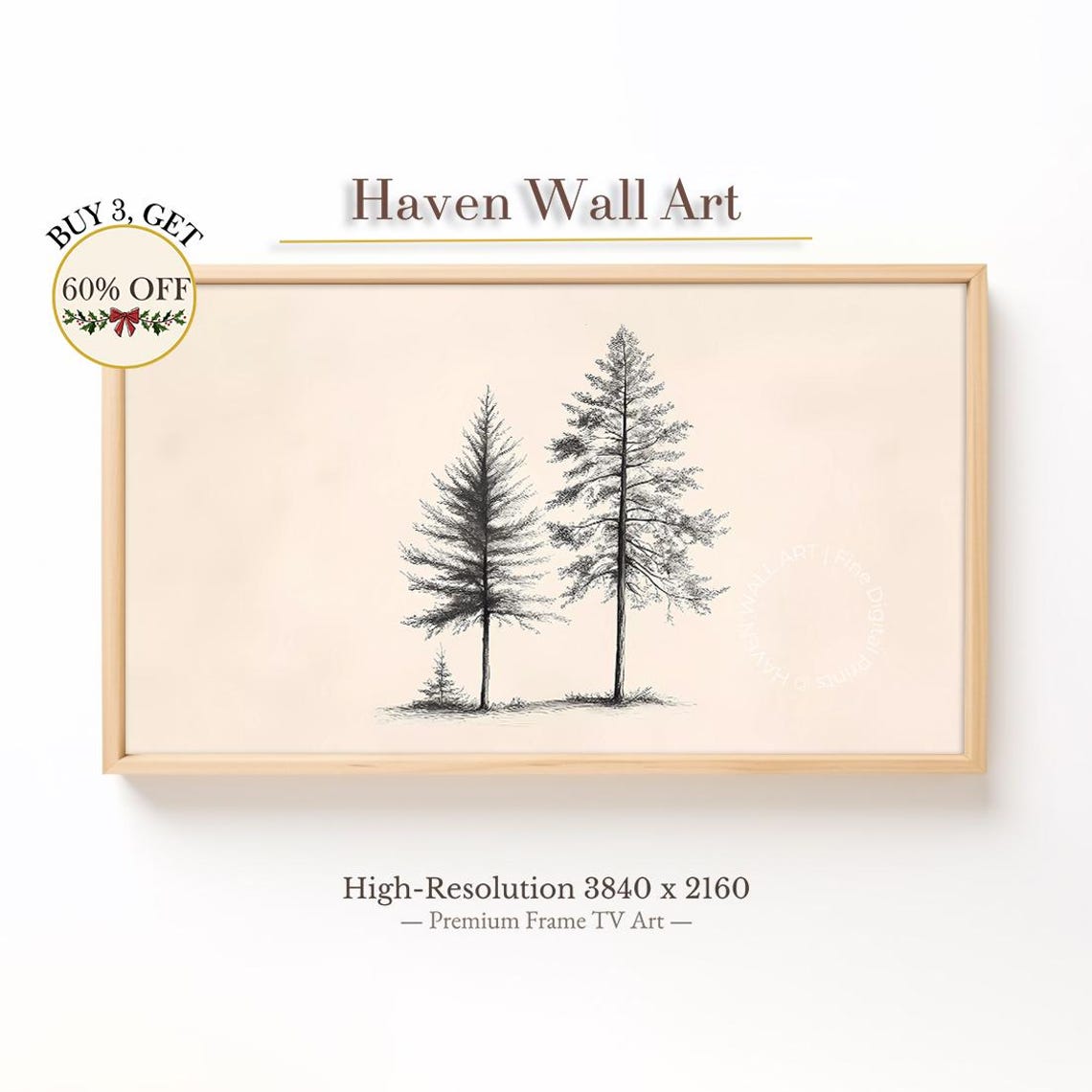 Minimalist Twin Pine Trees Scandinavian Ink Drawing Wall Art
