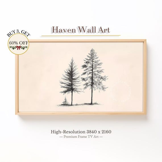 Minimalist Pine Trees Sketch Scandinavian Line Art Samsung Frame Tv Modern Rustic Decor Black And White Wall Twl025