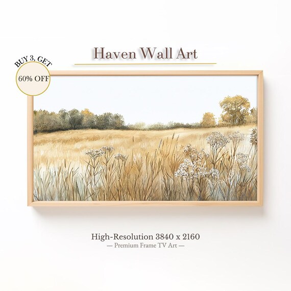 Golden Autumn Meadow Wildflower Grass Watercolor Landscape Poster