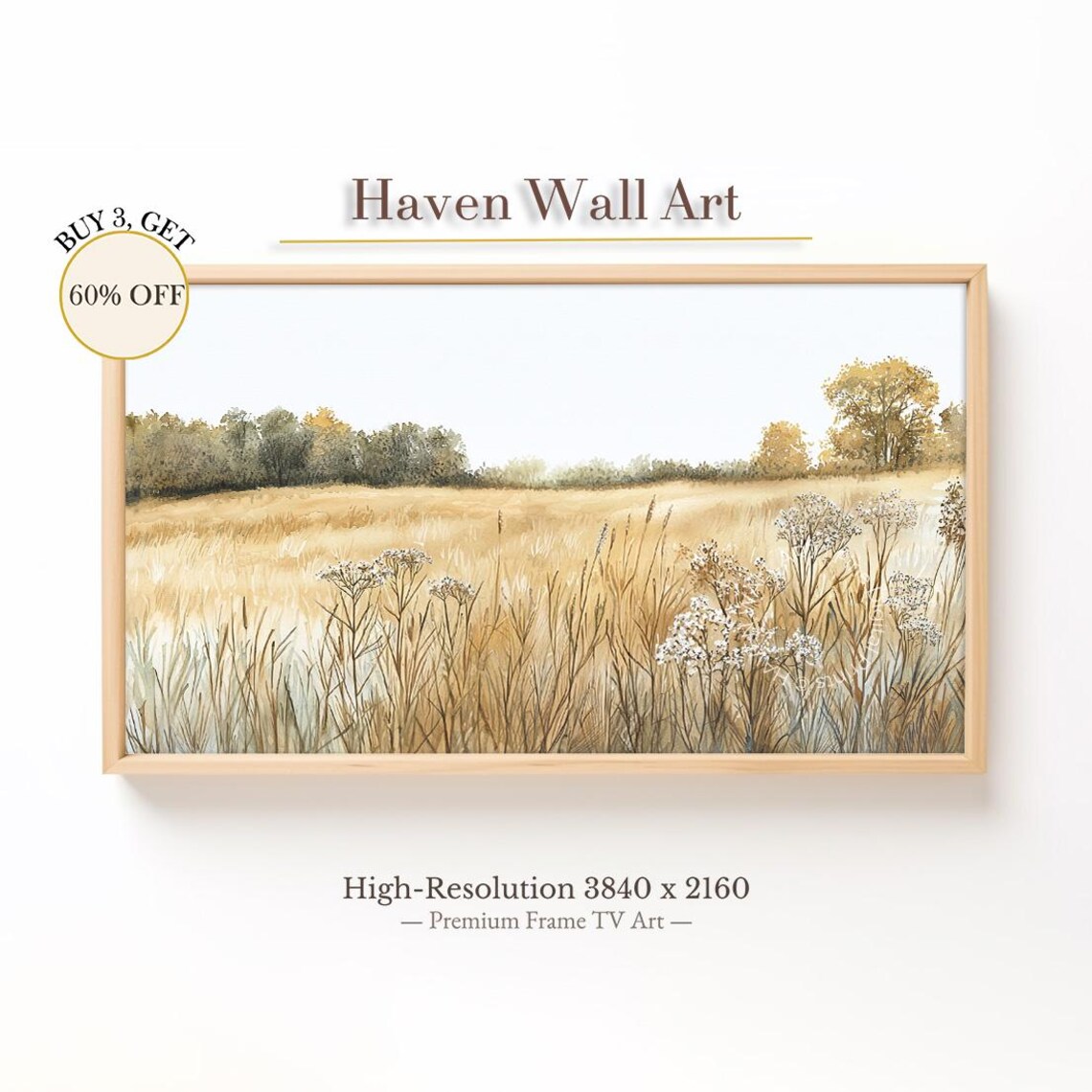 Golden Autumn Meadow Wildflower Grass Watercolor Landscape Poster
