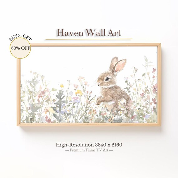 Bunny in Pastel Wildflower Field Watercolor Easter Art Print
