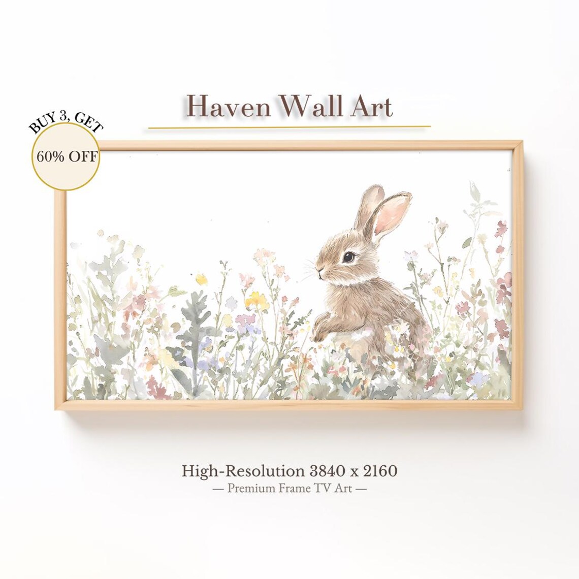 Bunny in Pastel Wildflower Field Watercolor Easter Art Print