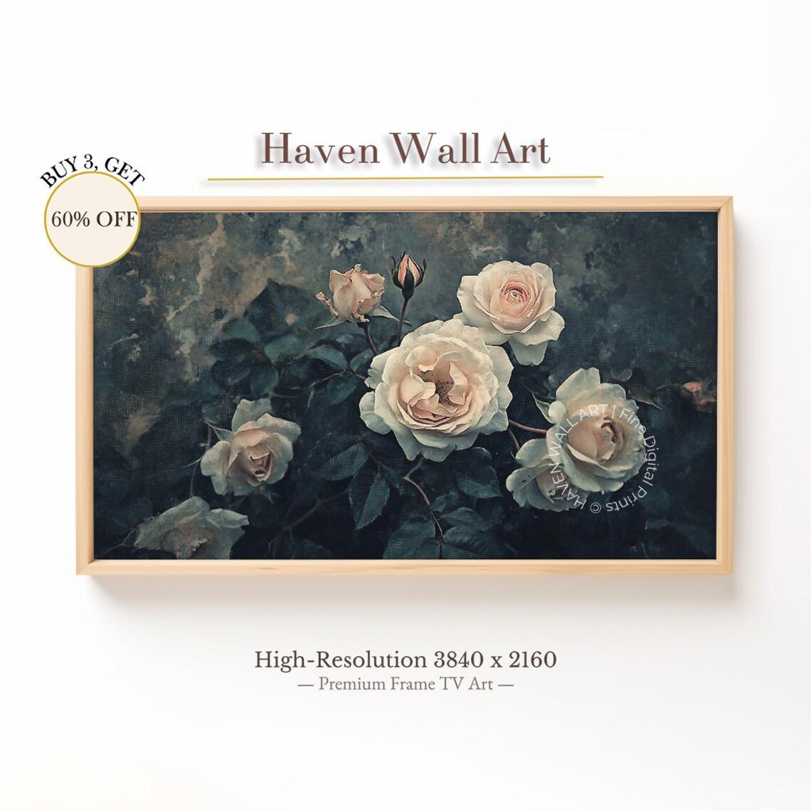 White Roses on Dark Moody Background Romantic Vintage Floral Poster