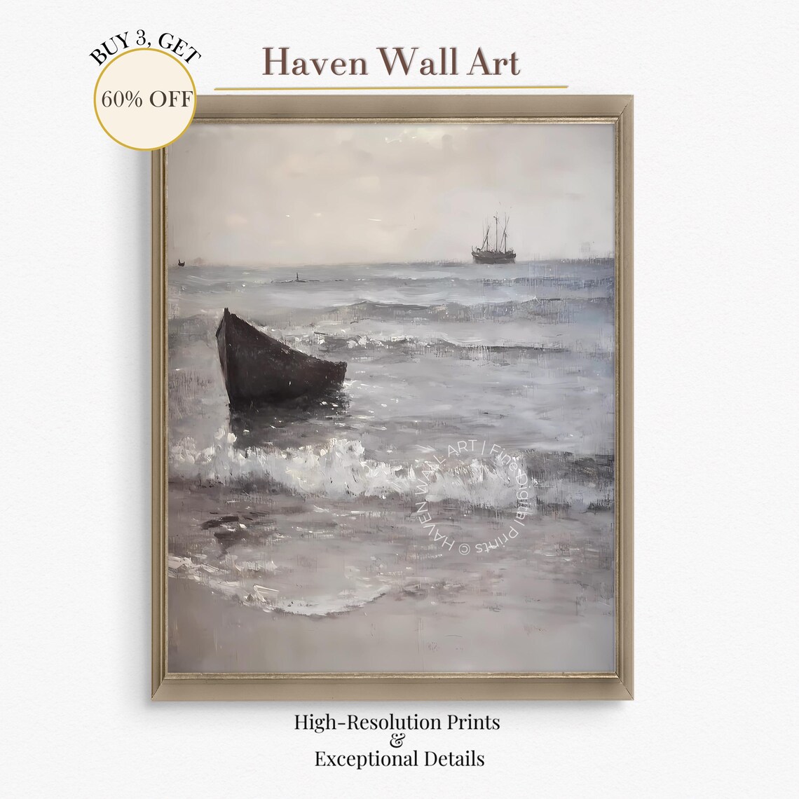 Rowing Boat on Foggy Shore Muted Gray Seascape Oil Painting Poster