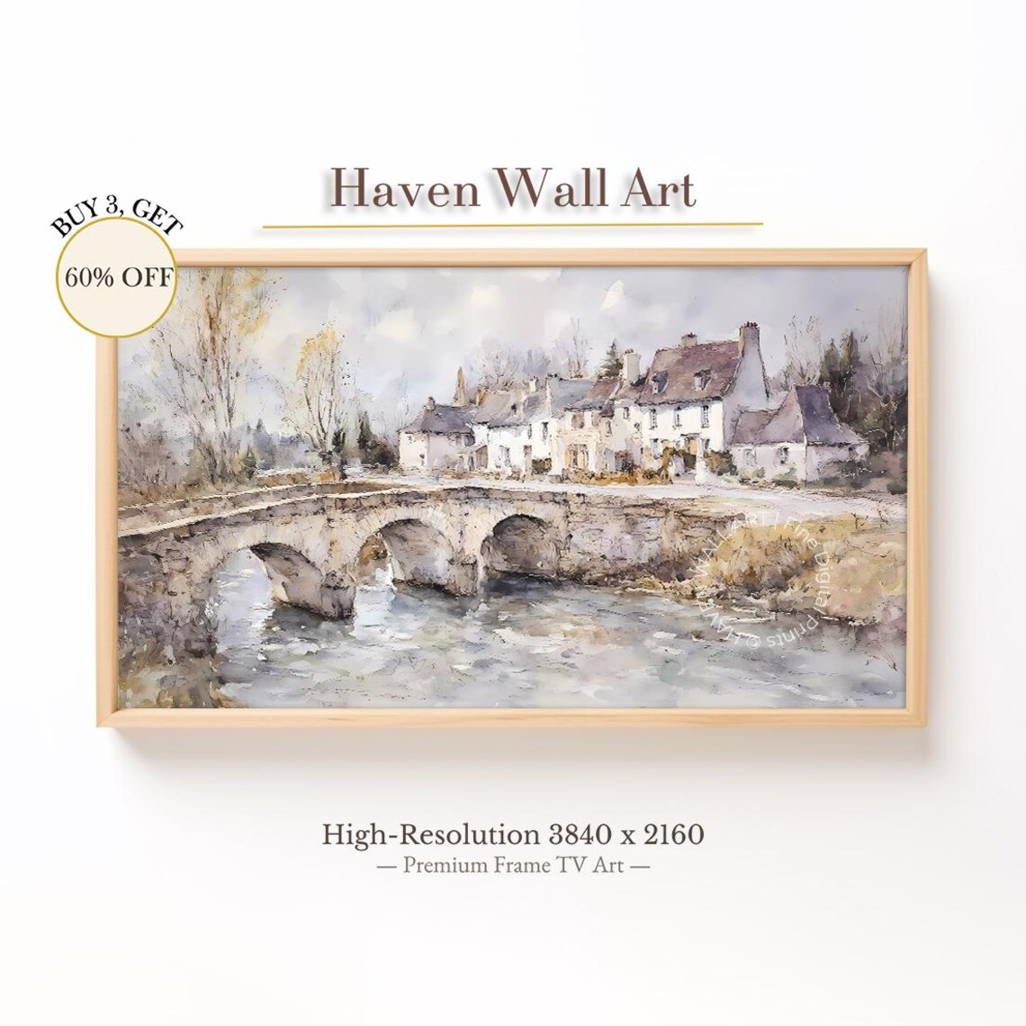 French Village Stone Bridge Watercolor Print Over Quiet River