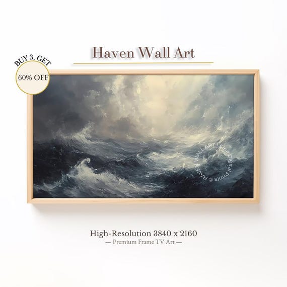 Stormy Sea With Dramatic Light Vintage Ocean Frame Tv Art Moody Coastal Summer Samsung Painting Tub030