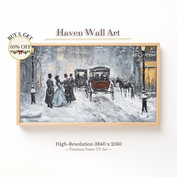 Victorian Street Snowfall Horse Carriages Gas Lamps Winter Scene Poster