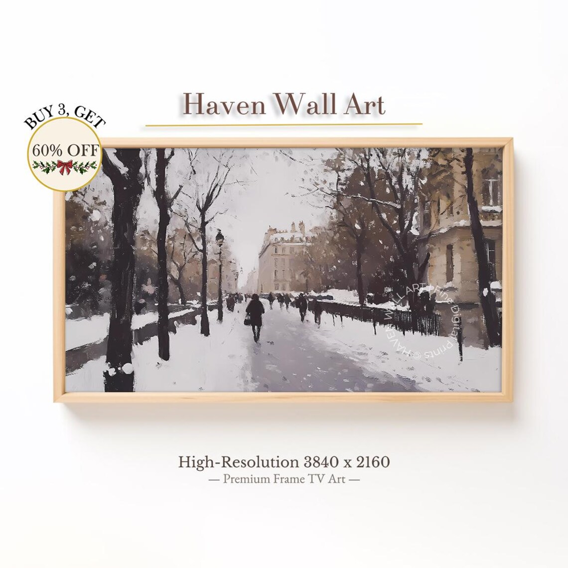 Snowy City Boulevard Pedestrians European Street Scene Painting Poster