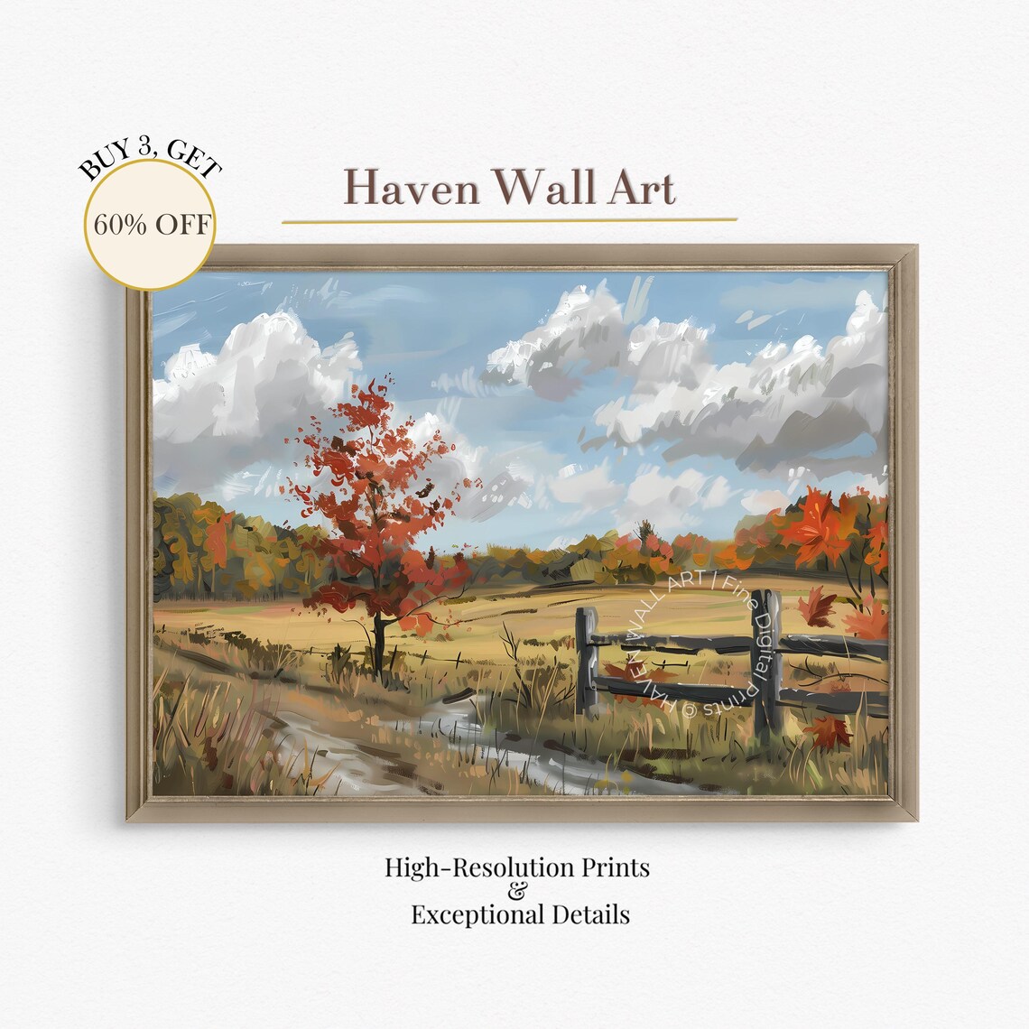 Autumn Country Road Red Tree Wooden Fence Pastoral Landscape Wall Art