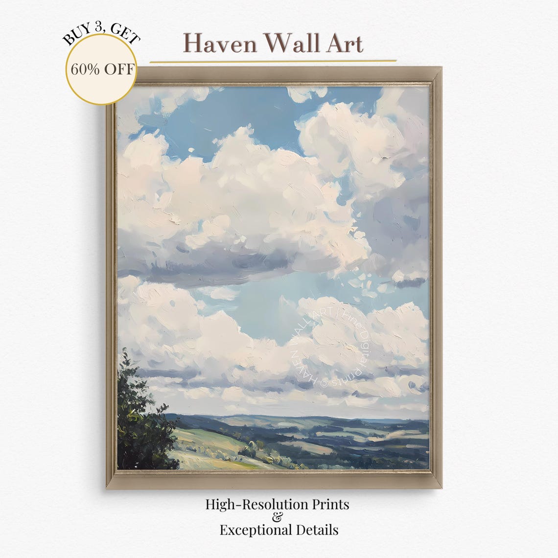 Big White Clouds over Rolling Green Hills Summer Sky Art Poster