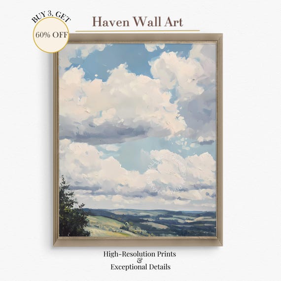Rolling Clouds Over Green Hills Summer Sky Print Serene Nature Art Farmhouse Landscape Decor Pul033