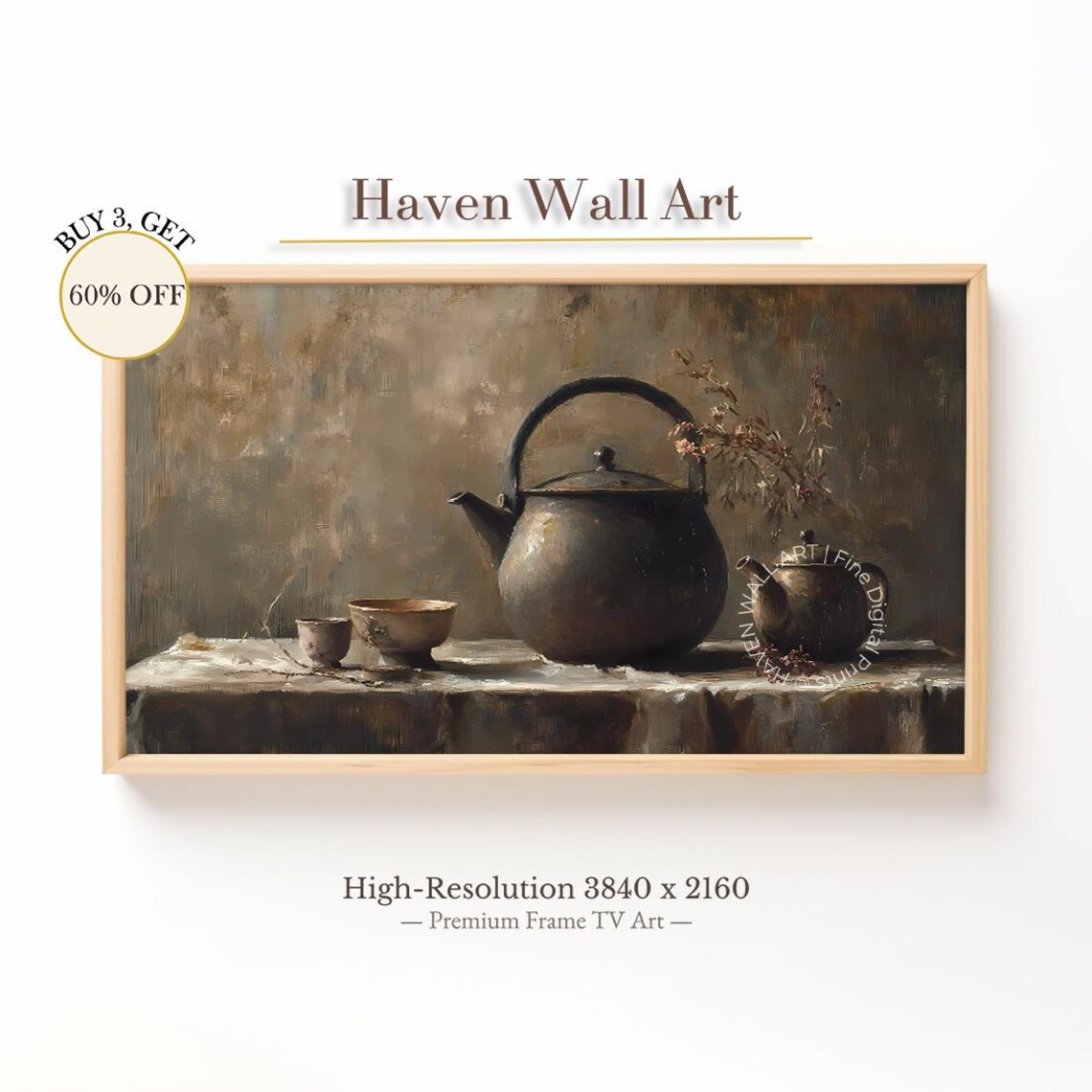 Vintage Iron Kettle Tea Still Life Dark Moody Oil Painting Poster