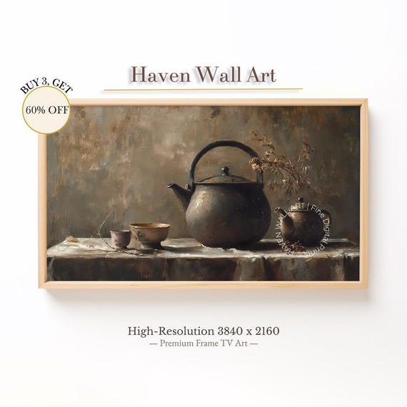 Vintage Teapot Still Life Painting For Samsung Frame Tv Moody Autumn Kitchen Art Rustic Tea Room Decor Tav039