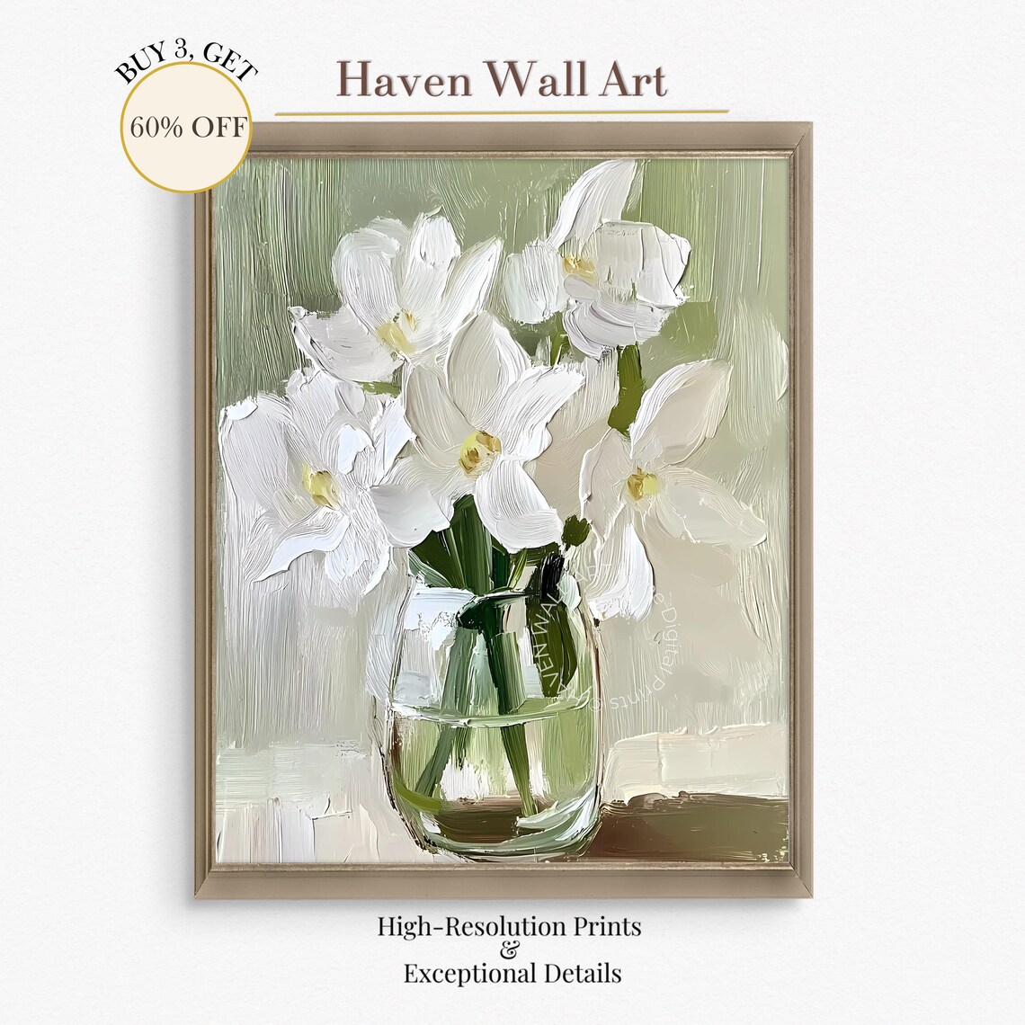 White Amaryllis Bouquet in Glass Vase Impasto Floral Oil Wall Art