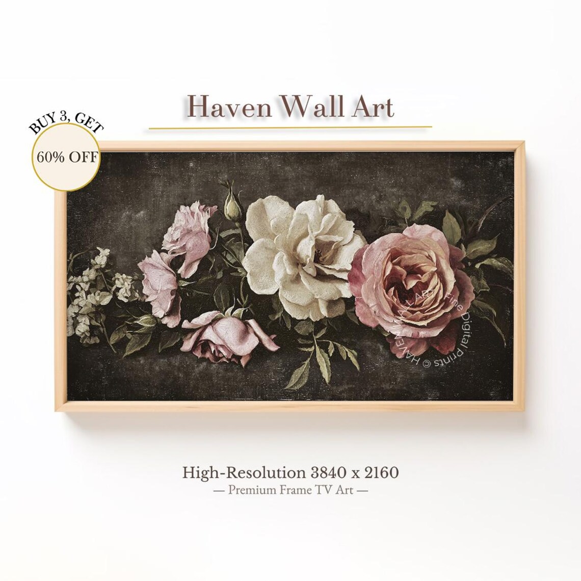 Dark Moody Roses Pink Cream Vintage Floral Still Life Wall Art
