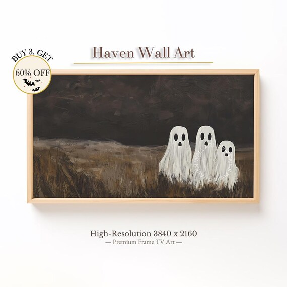 Cute Ghost Trio Night Field Moody Halloween Ghost Painting Art Print
