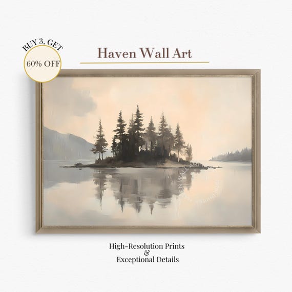 Moody Autumn Island Art Misty Fall Landscape Wall Decor Minimalist Rustic Lake Scene Pal007