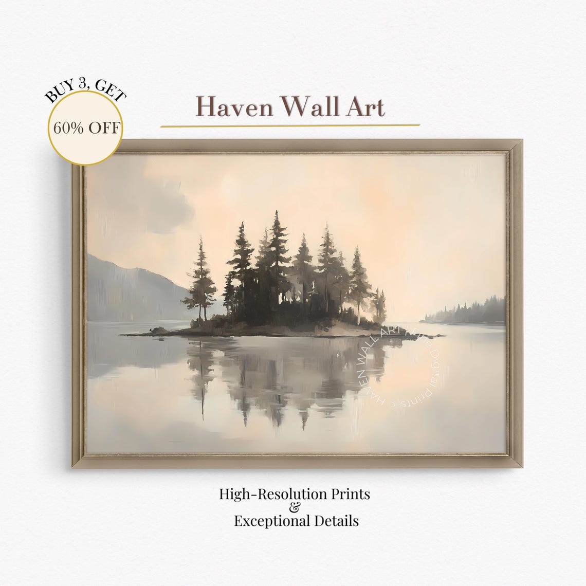 Misty Pine Island on Calm Lake Minimalist Autumn Reflection Wall Art