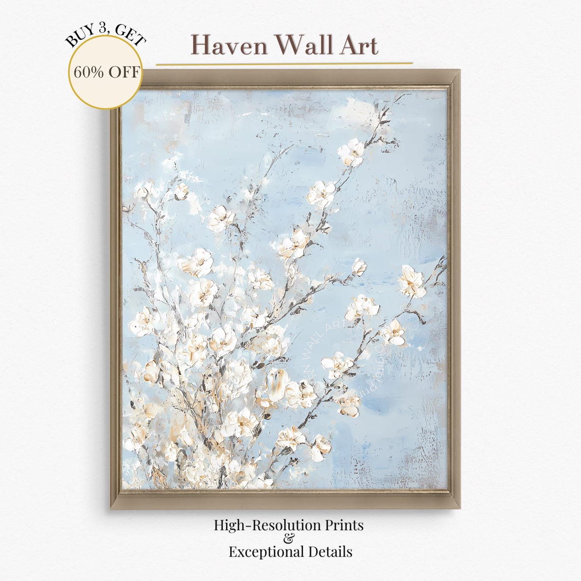 White Blossom Branches on Blue Textured Impasto Floral Poster