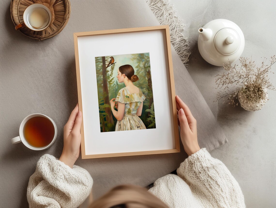 Woman In Forest Bird On Branch Botanical Fine Art Painting Poster - Image 3