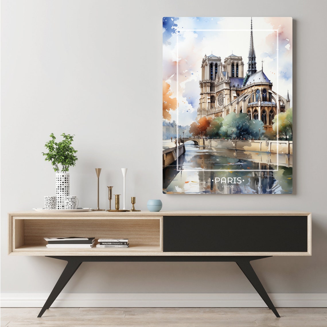 Notre Dame Riverside Watercolor Reflection Paris France Poster - Image 3