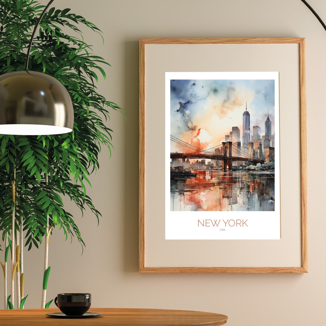 Brooklyn Bridge Sunset Watercolor New York Skyline Travel Poster - Image 3