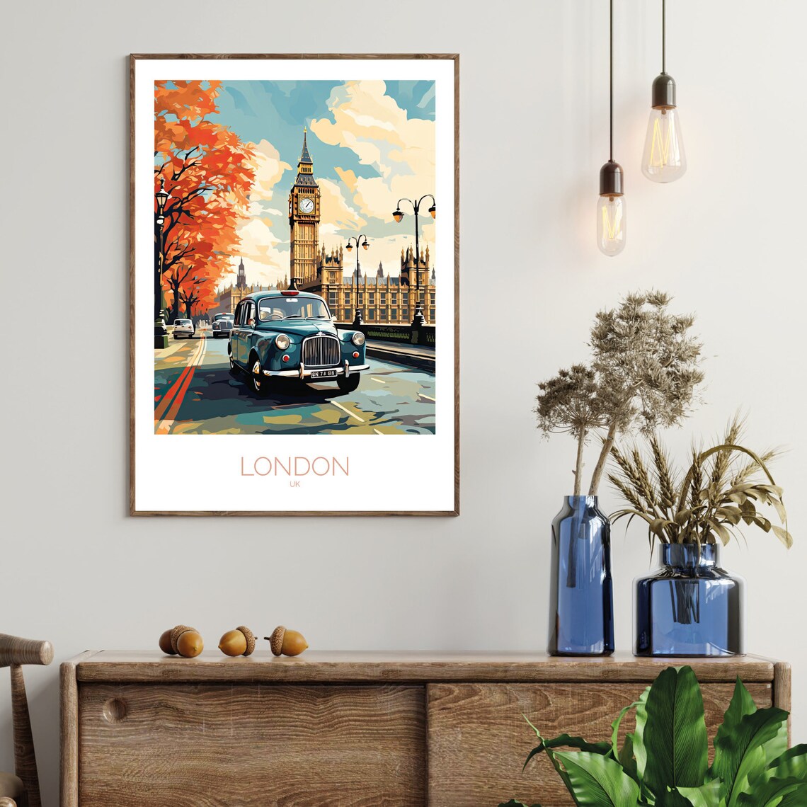 London Big Ben Vintage Classic Taxi Autumn Trees Street Scene Poster - Image 2