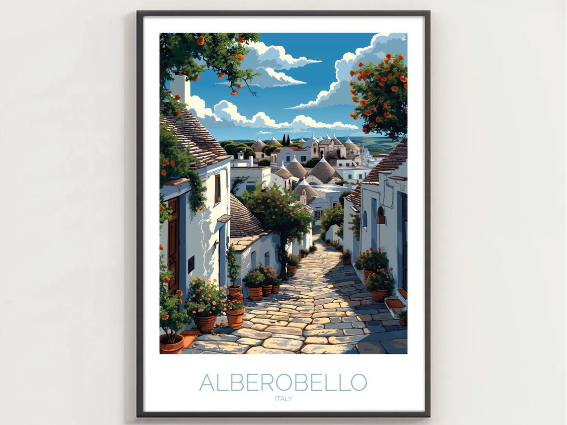 Alberobello Italy White Trulli Street Flower Pots Sunny Poster