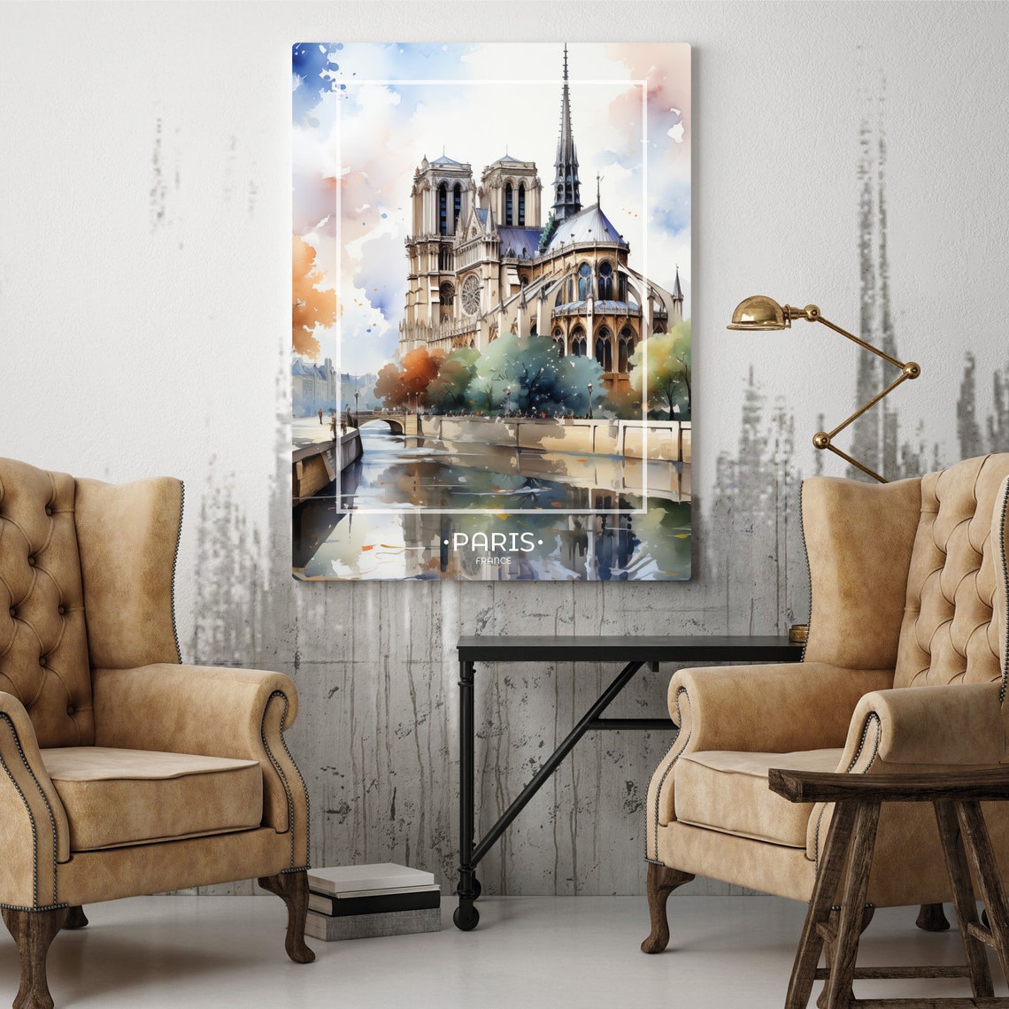 Notre Dame Riverside Watercolor Reflection Paris France Poster - Image 2
