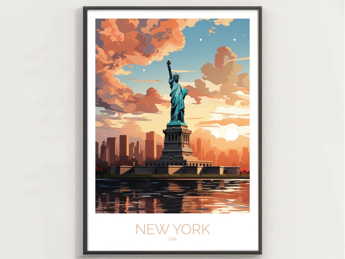 New York Statue Of Liberty Sunset Harbor Skyline Glow Poster