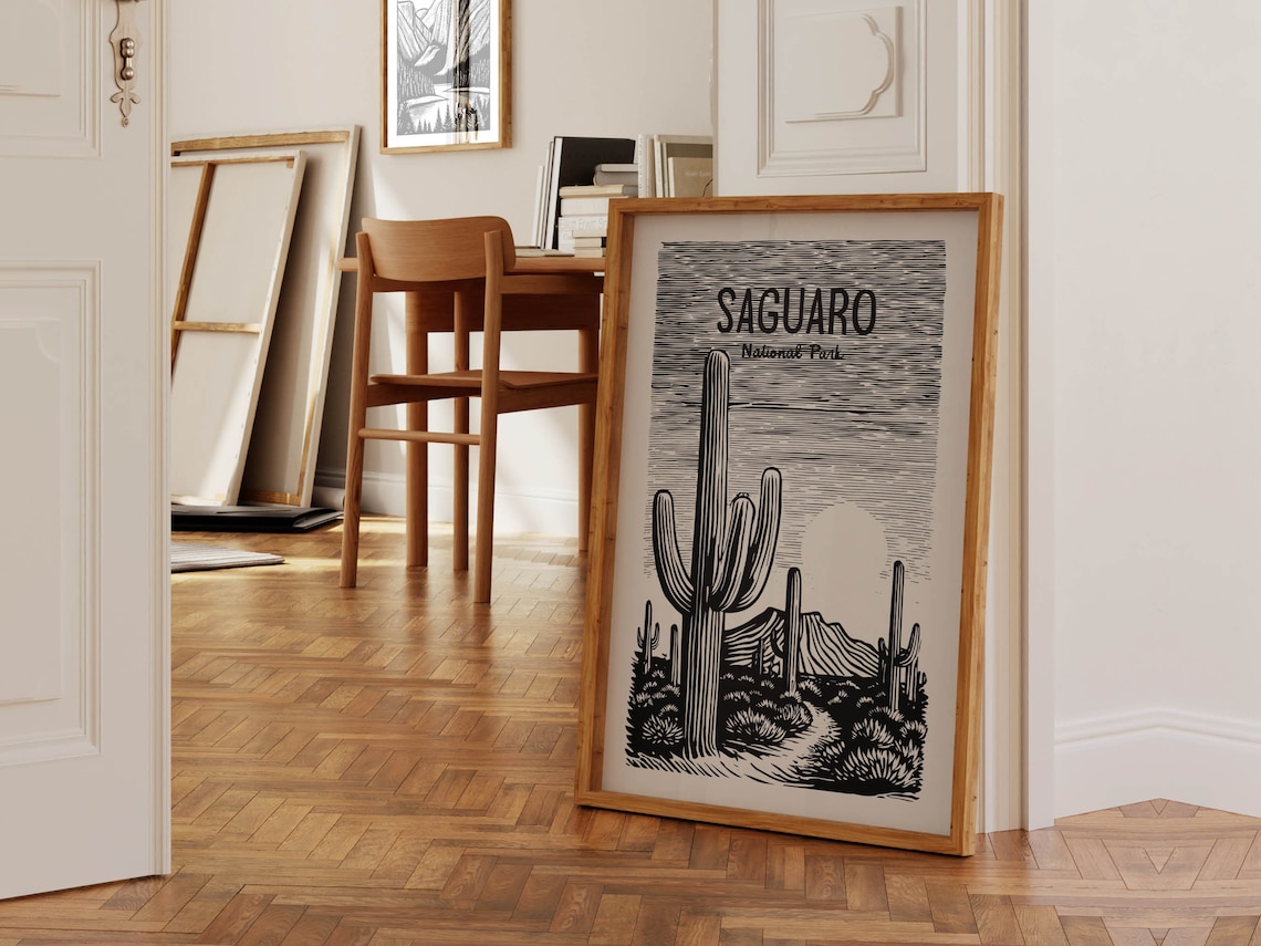 Woodcut Saguaro Retro Arizona Travel Poster