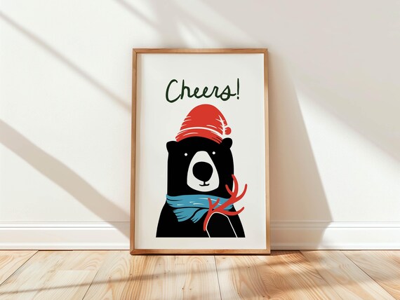 Cheers Winter Bear in Red Beanie and Scarf Christmas Art Poster