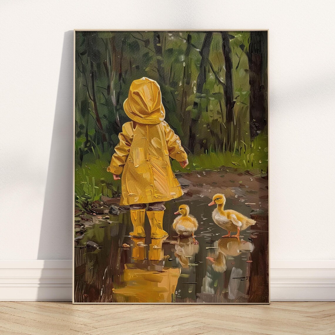 Child Yellow Raincoat Ducklings Rainy Puddle Nursery Oil Art Poster - Image 4
