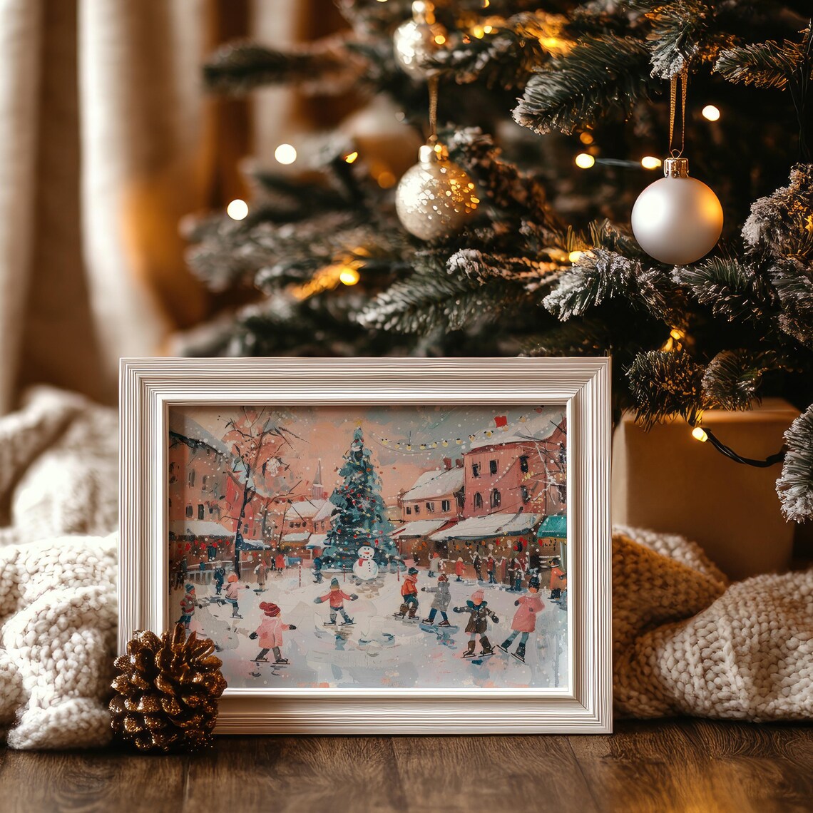 Children Ice Skating Town Square Christmas Tree Holiday Poster - Image 3