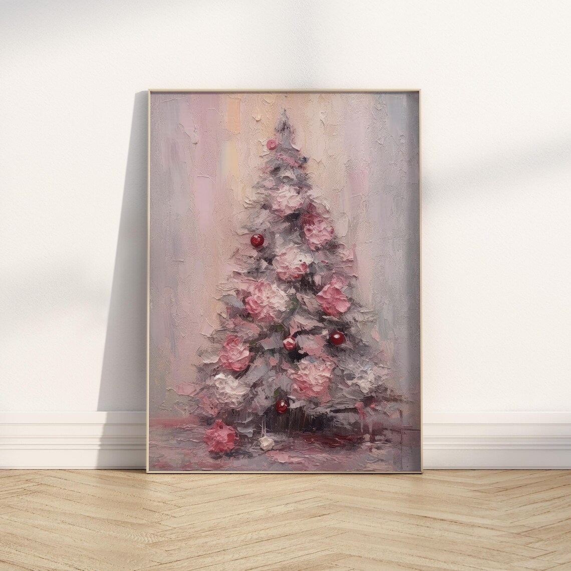 Pink Christmas Tree Red Ornaments Impressionist Holiday Wall Art Print - Image 4