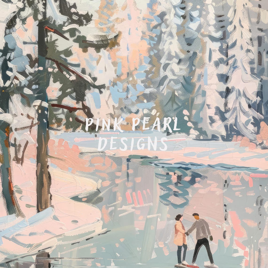 Couple Ice Skating Frozen Lake Snowy Forest Winter Art Poster - Image 2