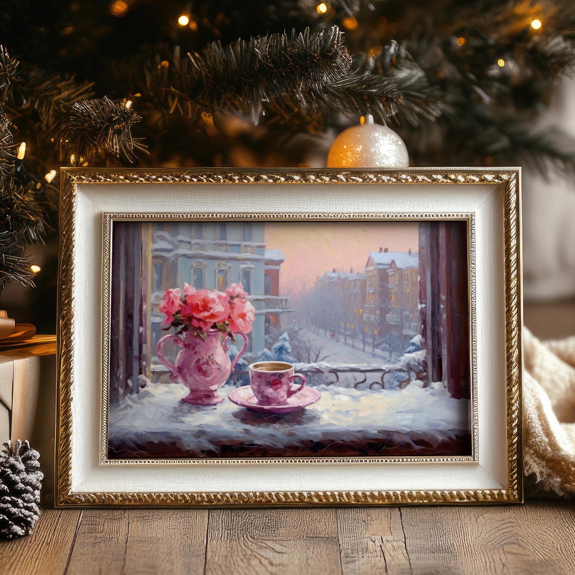 Pink Roses And Tea Cup Snowy Window View Winter Wall Art Poster