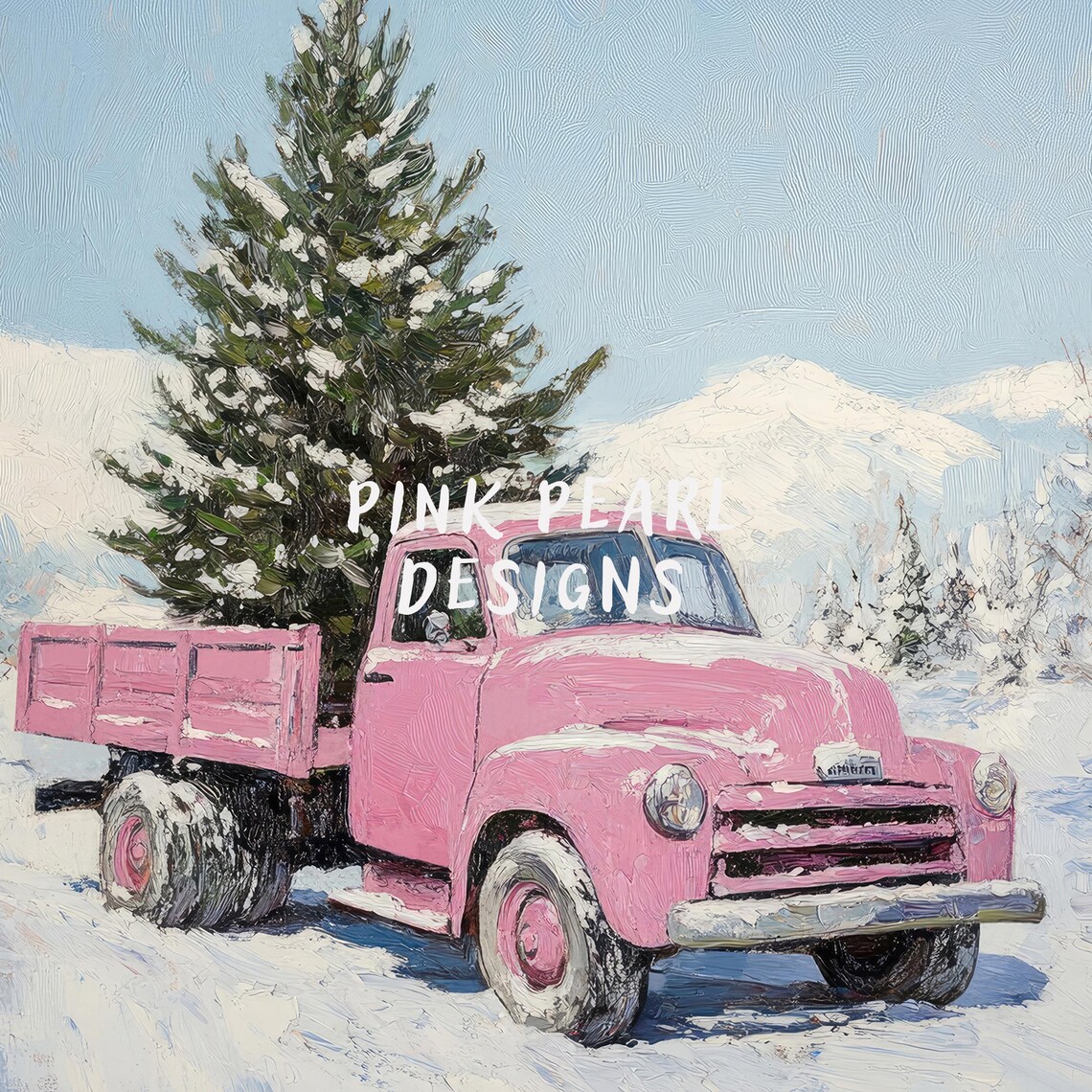 Pink Vintage Truck Hauling Christmas Tree Snowy Wall Art Poster - Image 2