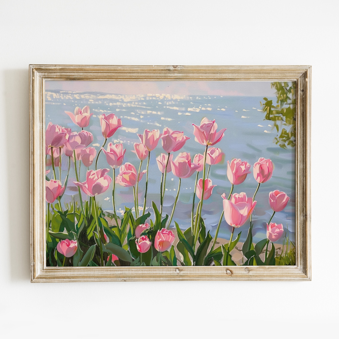 Pink Tulips Lake Landscape Spring Art Print
