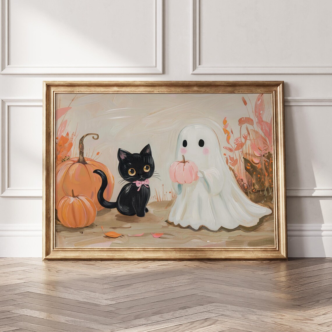 Cute Ghost Black Cat Pumpkins Halloween Friends Pink Bow Nursery Wall Poster - Image 5