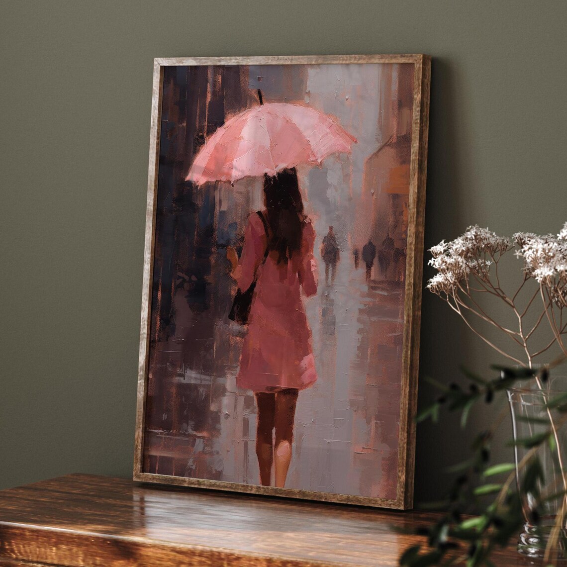Woman Pink Umbrella Rainy City Street Painting Wall Art Print - Image 4