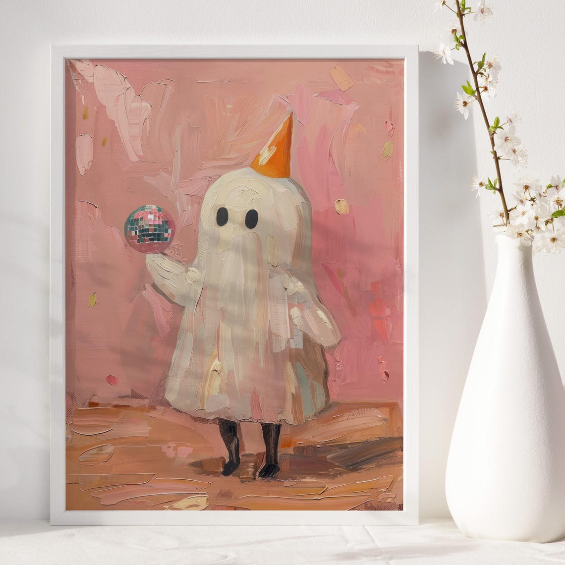 Cute Ghost With Mirrorball Halloween Wall Art Preppy Halloween Decor Ghost And Disco Ball Poster Girly Pink - Image 4