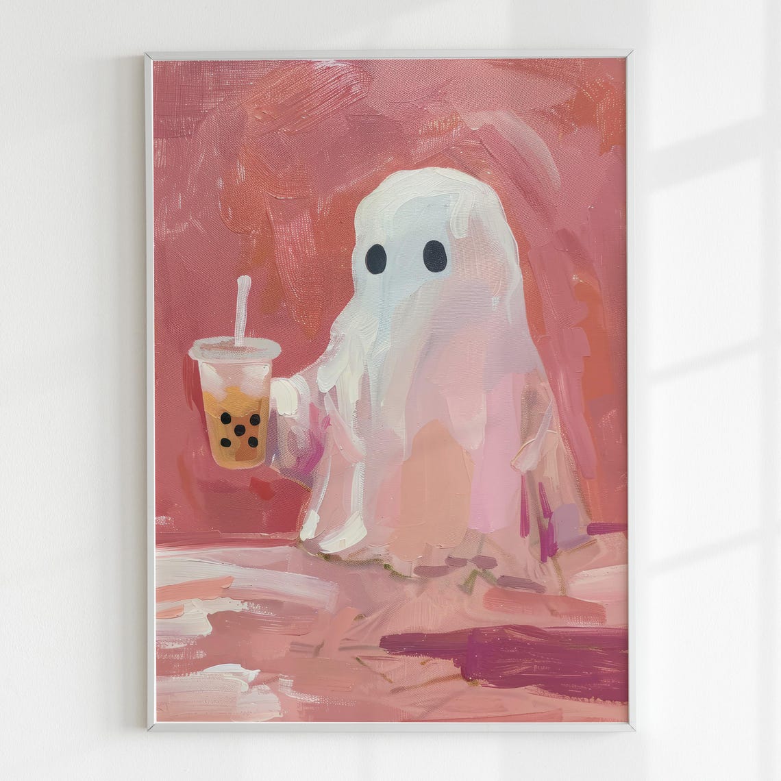 Cute Ghost With Bubble Tea Halloween Wall Art Preppy Halloween Room Decor Trendy Spooky Ghost Pink Wall Art - Image 5