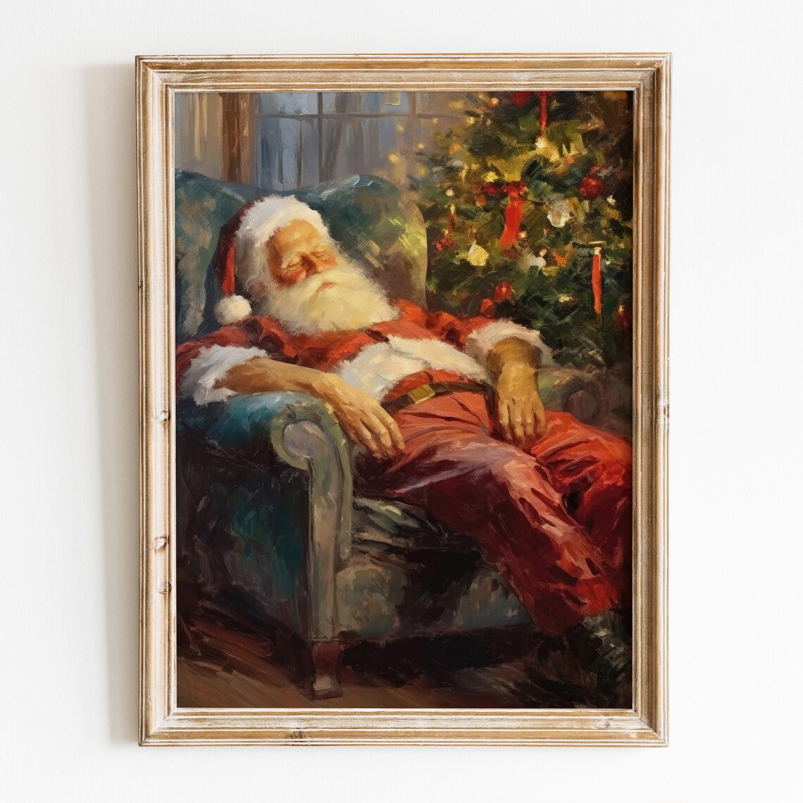 Sleeping Santa Claus Armchair Christmas Tree Painting Wall Art