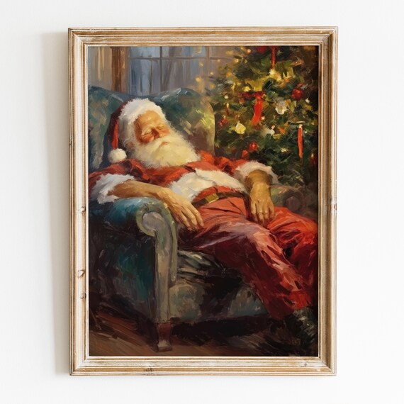 Sleeping Santa Claus Vintage Wall Art Moody Christmas Room Decor Funny Santa Painting Holiday Santa Poster