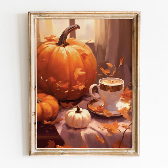 Pumpkin Spice Latte Autumn Coffee Pumpkins Fall Leaves Cozy Kitchen Poster