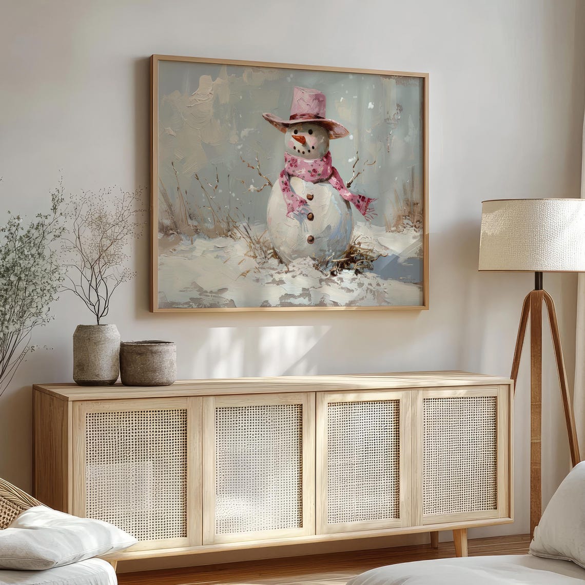 Snowman With Pink Cowboy Hat Scarf Winter Western Art Poster - Image 3