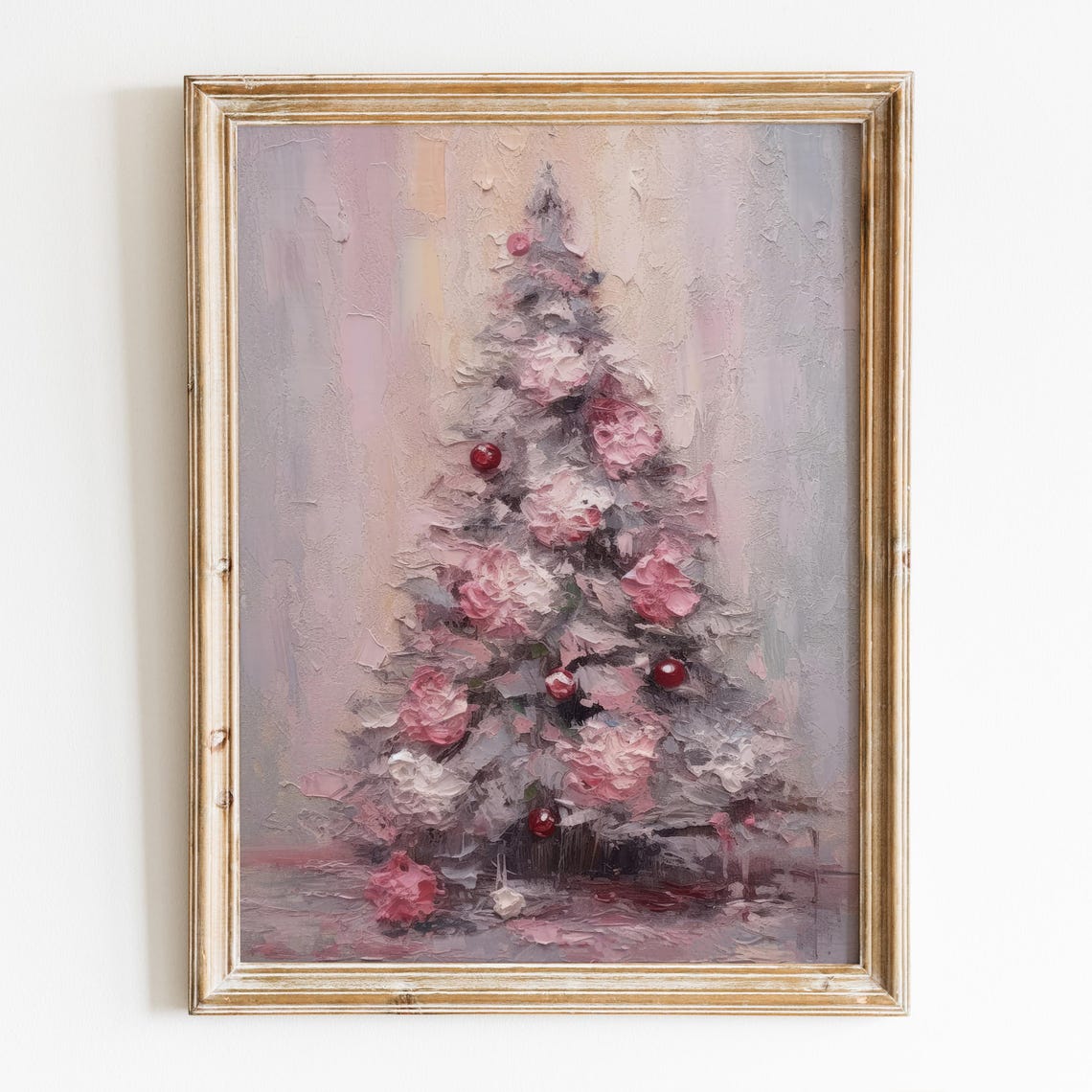 Pink Christmas Tree Red Ornaments Impressionist Holiday Wall Art Print