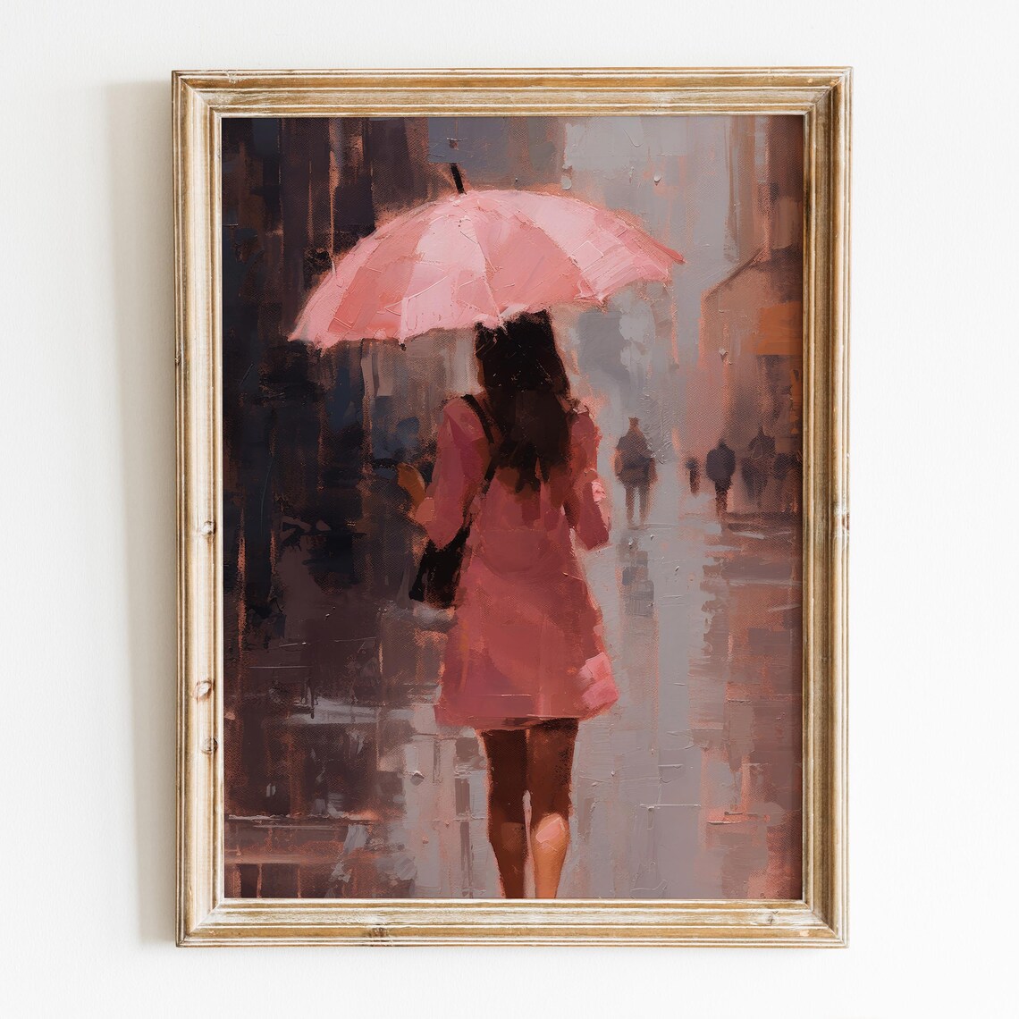 Woman Pink Umbrella Rainy City Street Painting Wall Art Print